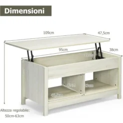 COSTWAY Tavolino Salotto Sollevabile, Tavolino Da Caffè Basso Con Scompartimenti Nascosti E Mensole, Tavolino Moderno Per Soggiorno, Salone E Studio, 109 X 47,5 X 50-63 Cm (Bianco) 9 COSTWAY Tavolino Salotto Sollevabile, Tavolino Da Caffè Basso Con Scompartimenti Nascosti E Mensole, Tavolino Moderno Per Soggiorno, Salone E Studio, 109 X 47,5 X 50-63 Cm (Bianco) -Negozio al dettaglio VIDAXL || HOMCOM || Songmics 88188019 5