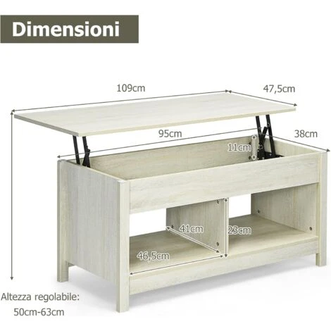 COSTWAY Tavolino Salotto Sollevabile, Tavolino Da Caffè Basso Con Scompartimenti Nascosti E Mensole, Tavolino Moderno Per Soggiorno, Salone E Studio, 109 X 47,5 X 50-63 Cm (Bianco) 5 COSTWAY Tavolino Salotto Sollevabile, Tavolino Da Caffè Basso Con Scompartimenti Nascosti E Mensole, Tavolino Moderno Per Soggiorno, Salone E Studio, 109 X 47,5 X 50-63 Cm (Bianco) - immagine 5