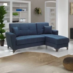 Divano Con Penisola Reversibile Doppio Contenitore Eva Tessuto Blu 220x156x97