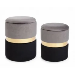 Set Di 2 Pouf POLINA Contenitore In Velluto Grigio-nero