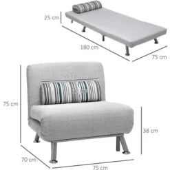 Homcom Poltrona Letto In Ferro E Cotone Con Cuscino A Righe 75 X 70 X 75cm Grigio -Negozio al dettaglio VIDAXL || HOMCOM || Songmics 8962408 3