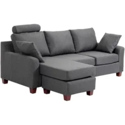 HomCom Divano A 3 Posti Con Poggiapiedi E Cuscini In Tessuto Di Lino, Grigio Scuro, 194x80x86cm