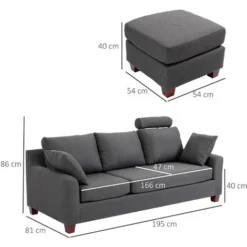 HomCom Divano A 3 Posti Con Poggiapiedi E Cuscini In Tessuto Di Lino, Grigio Scuro, 194x80x86cm -Negozio al dettaglio VIDAXL || HOMCOM || Songmics 8962411 3
