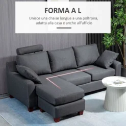 HomCom Divano A 3 Posti Con Poggiapiedi E Cuscini In Tessuto Di Lino, Grigio Scuro, 194x80x86cm -Negozio al dettaglio VIDAXL || HOMCOM || Songmics 8962411 4