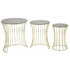 Set Tre Tavolini Metallo Dorato, Piano In Vetro Fumè Wind