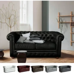 Divano In Similpelle 2 Posti Capitonné Chesterfield Design Colore: Nero