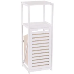 Mobiletto Con Cesto Porta Biancheria Multiuso Da Bagno Bianco 2 Ripiani E 1 Anta
