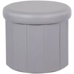 Pouf Contenitore In Ecopelle Salvaspazio Poggiapiedi Grigio Rotondo 38 X 33,5 Cm