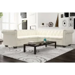 Divano Chersterfield Ad Angolo 5 Posti - Divano Relax Sofa Pelle Artificiale Bianca BV440643 - BonneVie