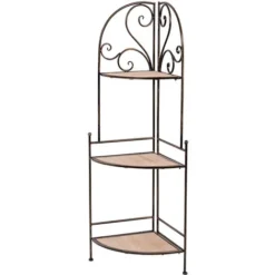 Scaffale Angolare 3 Ripiani Metallo E MDF Angoliera Portapiante Design Classico