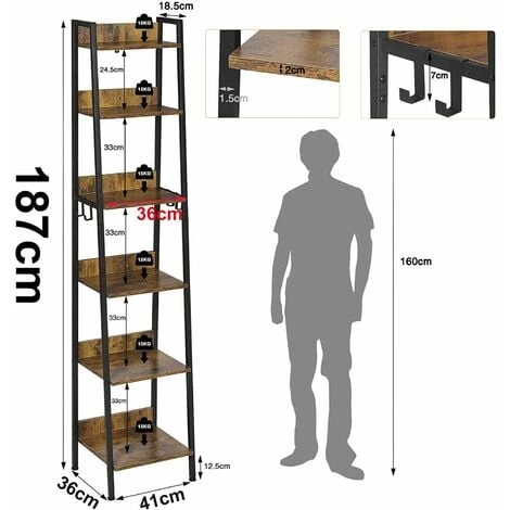 WOLTU Libreria A 6 Ripiani. Scaffale Con 4 Ganci Industriale. Scaffale A Scala In MDF E Metallo Per Soggiorno. Cucina. Studio. Ufficio.Nero.41x36x187cm 3 WOLTU Libreria A 6 Ripiani. Scaffale Con 4 Ganci Industriale. Scaffale A Scala In MDF E Metallo Per Soggiorno. Cucina. Studio. Ufficio.Nero.41x36x187cm - immagine 3