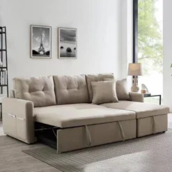 Divano Letto Angolare 3 Posti Con Penisola Contenitore 2 Cuscini Inclusi Beige