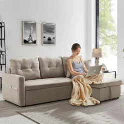 Divano Letto Angolare 3 Posti Con Penisola Contenitore 2 Cuscini Inclusi Beige -Negozio al dettaglio VIDAXL || HOMCOM || Songmics 92888061 3