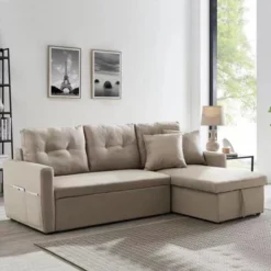 Divano Letto Angolare 3 Posti Con Penisola Contenitore 2 Cuscini Inclusi Beige -Negozio al dettaglio VIDAXL || HOMCOM || Songmics 92888061 4