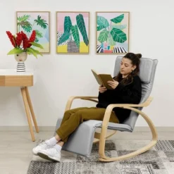 Baroni Home Sedia A Dondolo Con Braccioli In Legno Da Interno, Poltrona A Dondolo Ergonomica In Tessuto Con Poggiatesta E Poggiapiedi Regolabile A 5 Altezze, Max 150 Kg, Salotto Camera, Grigio -Negozio al dettaglio VIDAXL || HOMCOM || Songmics 94131995 3