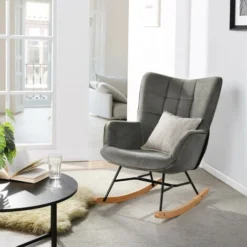 MEUBLES COSY Sedia A Dondolo Grande Sedia A Dondolo, Stile Scandinavo, Tessuto Grigio, Gambe In Legno Massello Di Faggio, 70x85x93,5 Cm