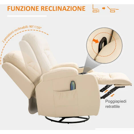 HOMCOM Poltrona Relax Reclinabile Con 8 Punti Massaggio E Telecomando In Similpelle, 85x94x104cm, Crema 5 HOMCOM Poltrona Relax Reclinabile Con 8 Punti Massaggio E Telecomando In Similpelle, 85x94x104cm, Crema - immagine 5