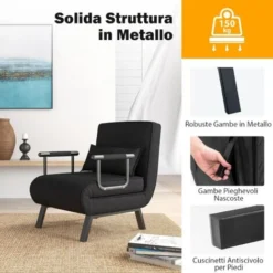 COSTWAY Poltrona Letto Singolo, Poltroncina Pieghevole Con Schienale Regolabile In 6 Posizioni, Cuscino Rimovibile E Sedile Imbottito Robusto, Divano Letto Per Casa Ufficio, 79x65x79 Cm (Nero) -Negozio al dettaglio VIDAXL || HOMCOM || Songmics 96369217 5