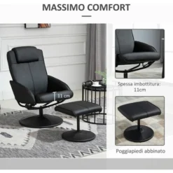 HOMCOM Poltrona Relax Reclinabile Con Pouf Poggiapiedi Abbinato E Rivestimento In Similpelle, Nero -Negozio al dettaglio VIDAXL || HOMCOM || Songmics 96925749 5