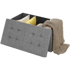 WOLTU Pouf Contenitore. Cassapanca Poggiapiedi Pieghevole Da 80L Con Coperchio Rimovibile. Panca Contenitore In Lino Oxford. Seduta Imbottita. 76x38x38cm. Grigio Chiaro